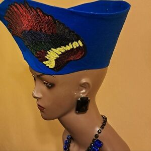 NEW HANDMADE ROYAL BLUE WRAP HAT SEQUIN ANGEL WING 24"